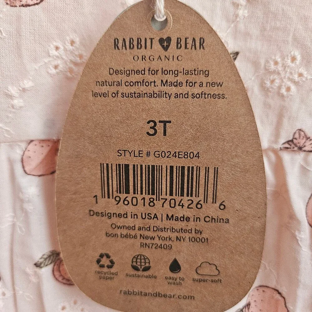 NWT Rabbit + Bear Organic Peaches and Flowers Print Eyelet Dress Size 3T